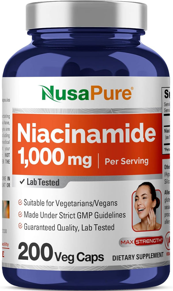 NusaPure Niacinamide 1000mg, 200 Veggie Capsules (Non-GMO, Vegan) Flush Free