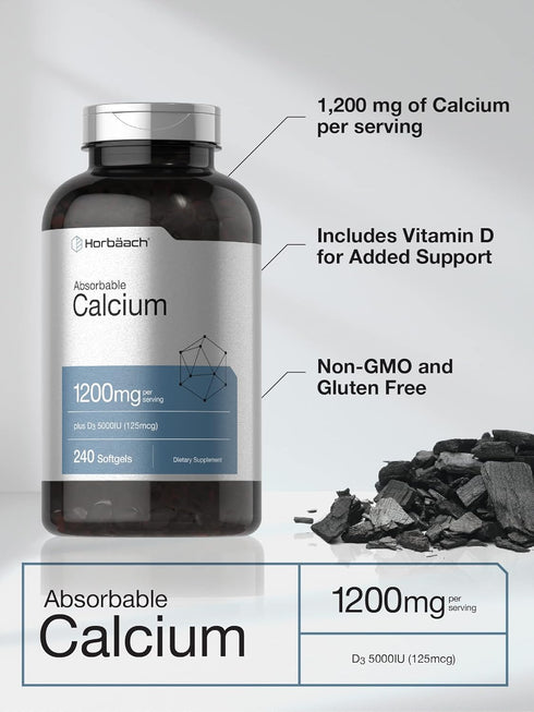 Horbaach Calcium 1200 mg with Vitamin D3, 240 Softgels, 5000 IU, Non-GMO, Gluten Free Absorbable Supplement