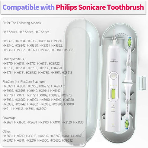 Toothbrush Travel Case Compatible with Philips Sonicare Electric Toothbrush & 6Pcs Reusable Head Covers (White)