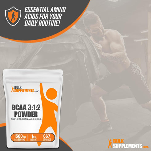 BulkSupplements.com BCAA 3:1:2 Powder, Unflavored & Gluten Free, 1500mg per Serving, 1kg (2.2 lbs) - Pack of 1