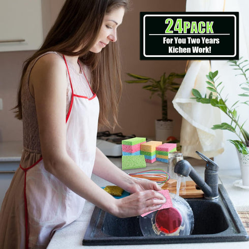 Compressed Cellulose Kitchen Sponges 24 Pack, Non-Scratch Biodegradable Natural Sponge Scrub for Dishes Cleaning