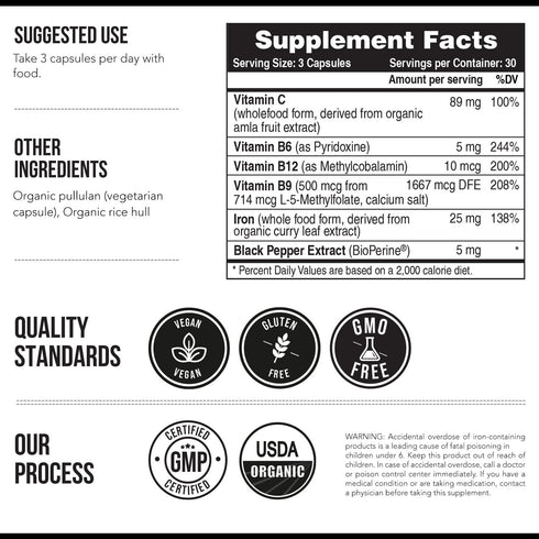 Organic Iron Whole Food Iron Supplement & Cofactors, 25 mg Elemental Iron, 90 Capsules, Blood Health Support