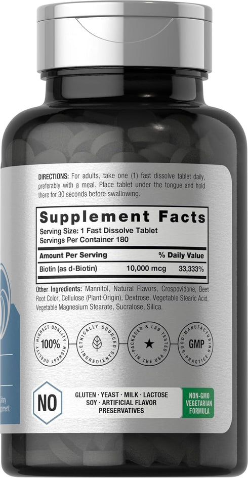 Horbaeach Biotin 10000mcg | 180 Fast Dissolve Tablets | Beauty Formula | Vegetarian Supplement | Non-GMO, Gluten Free