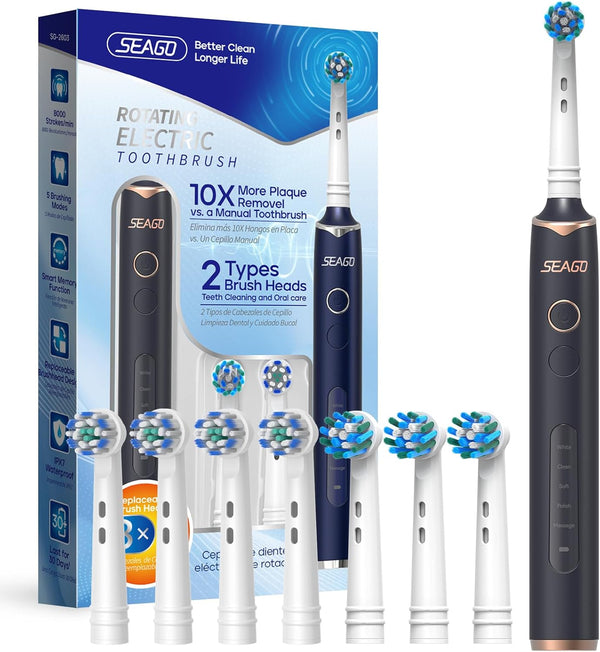 SEAGO Rotating Electric Toothbrush, 8 Brush Heads, 5 Modes, Rechargeable, IPX7 Waterproof, 2 Min Timer, Black