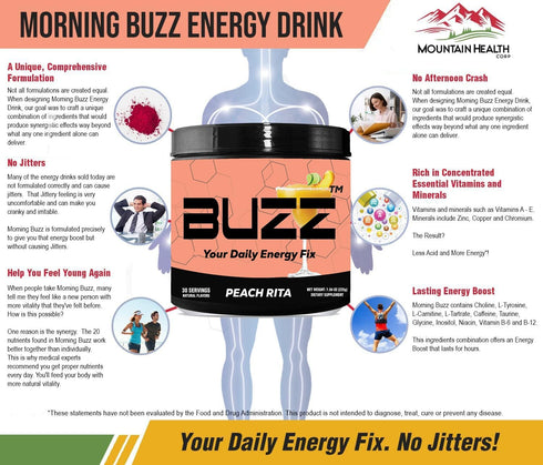 Morning Buzz Energy Drink Powder - Sugar-Free Energy Boost Drink Mix - 30 Servings, Peach Rita