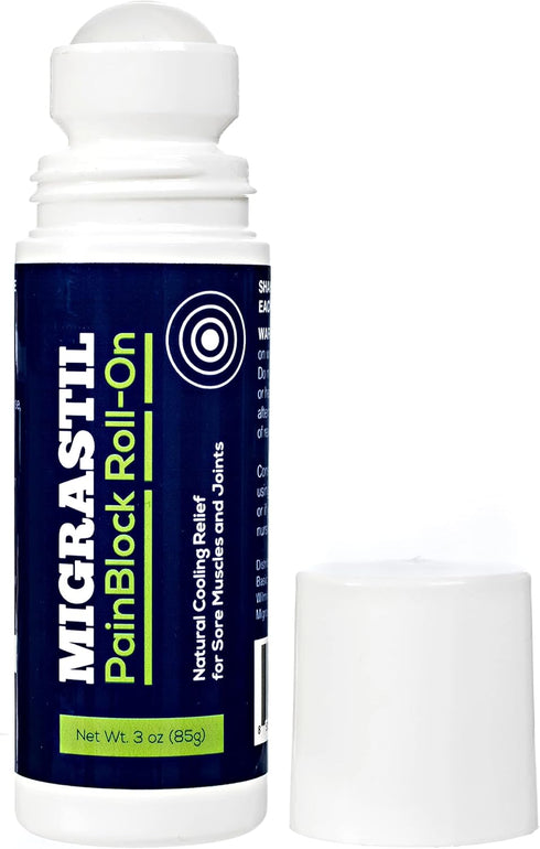 Basic Vigor Migrastil PainBlock Roll-On, 3 oz for Muscle Aches, Cramps, Joint & Nerve Discomfort, Works on Shoulders,