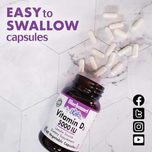 Bluebonnet Vitamin D3 5000 IU Vegetable Capsules - 120 Count for Immune Support
