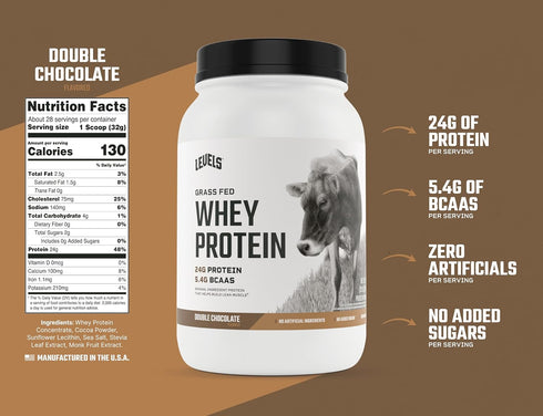 Levels Grass Fed Whey Protein Powder - No Artificials, 24G Protein, Double Chocolate, 2LB