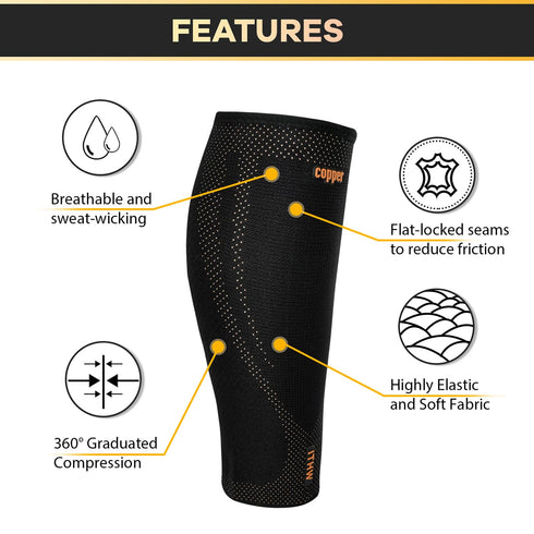 Copper Calf Compression Sleeves - Shin Splint Compression Sleeve for Pain Relief and Varicose Veins (1 Pair)