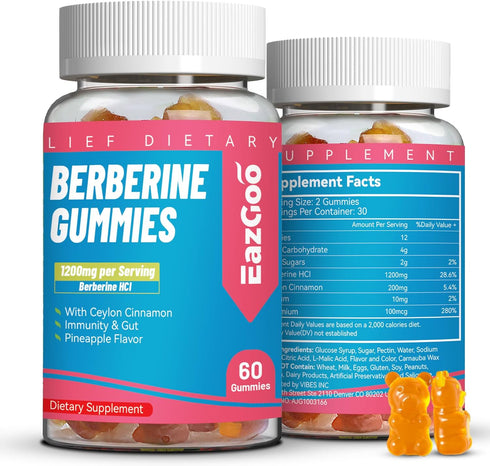 Berberine Supplement 1200mg with Ceylon Cinnamon - 60 Count Vegan Gummies, Immune & Metabolism Support, Pineapple