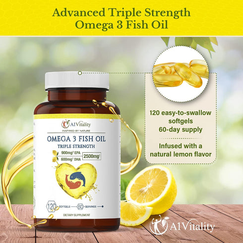 Omega 3 Triple Strength EPA DHA Supplement - 2500mg Lemon Flavored Fish Oil, 120 Softgels