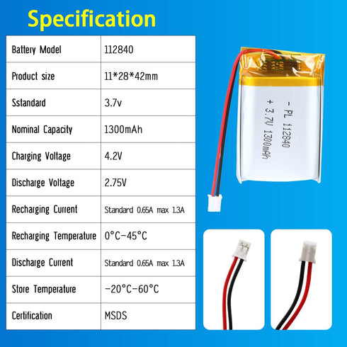 112840 3.7V Lipo Battery 1300mAh Rechargeable Lithium Polymer Pack with JST PH2.0mm Connector for Electronics