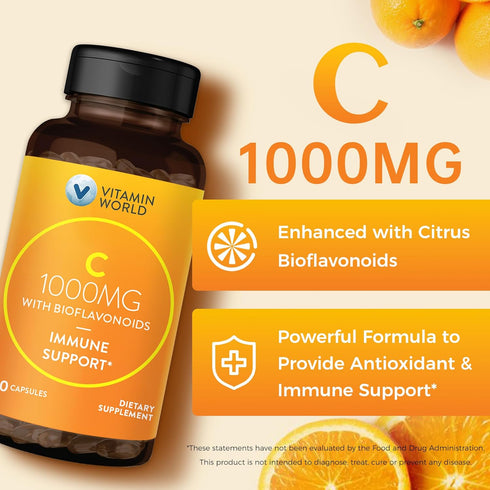 Vitamin World Vitamin C 1000 mg with Bioflavonoids - 100 Capsules for Immune Support & Antioxidant Protection