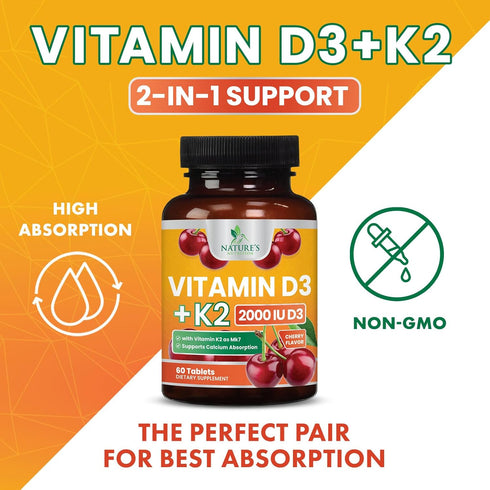 Vitamin D3 K2 2000 IU Plus with K2 (MK-7) 75 mcg - Vitamins D & K Complex Supplement for Bone, Teeth, Muscle Health
