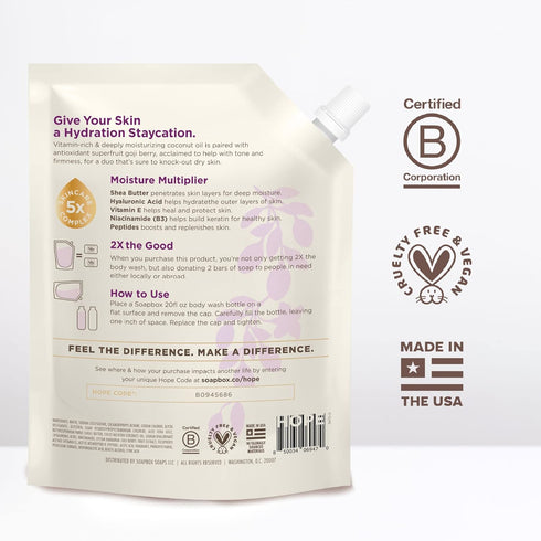 Soapbox Body Wash Refill, Coconut + Goji Berry, Vegan Moisturizing Body Wash Refill Pouch, 40oz Size