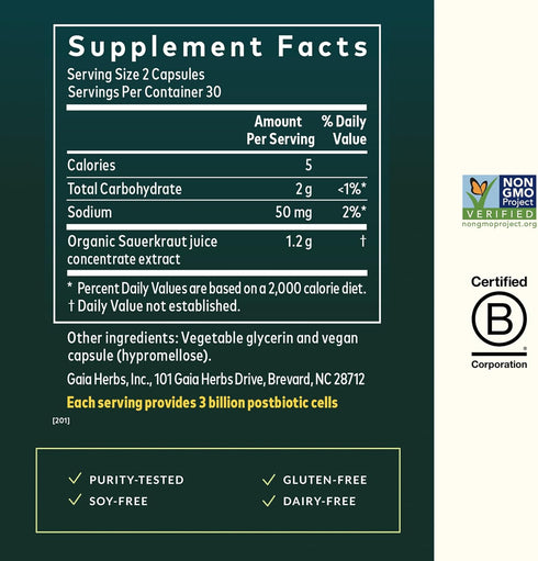 Immune 60 (30 Gaia Herbs Sauerkraut Postbiotic - Gut Health & Support Supplement* - Made with Fermented Sauerkraut