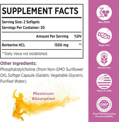 Liposomal Berberine Supplement 1500mg - High Bioavailability Berberine HCL Capsules for Cardiovascular Health, 120