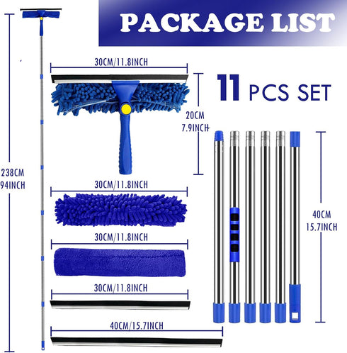 Rofhom 2.38M (94inch) 3 1 Window Cleaner Squeegee Kit - Cleaning Equipment with Long Handle in Extendable Window