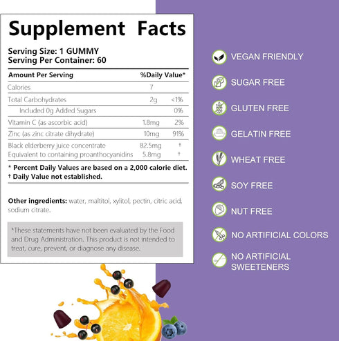 Sambucus Elderberry Gummies - Black Elderberry with Zinc and Vitamin C for Adults, Sugar Free Kids Multivitamin Gummies