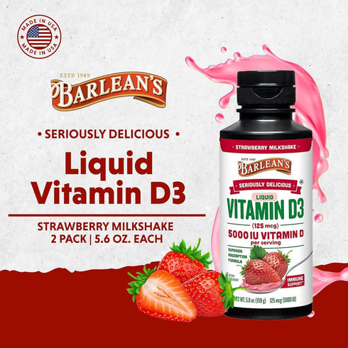 Pack 2 D3 5000 5.6 oz Barlean's of Vitamin Liquid Supplement for Kids and Adults, IU Vitamin D, Strawberry Milkshake