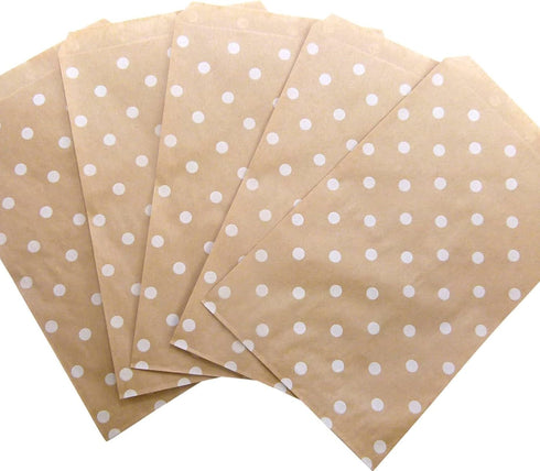 N'icePackaging 20 Qty 4" x 6" Decorative Flat Paper Gift Bags, White Polka-Dot on Brown Kraft Bags