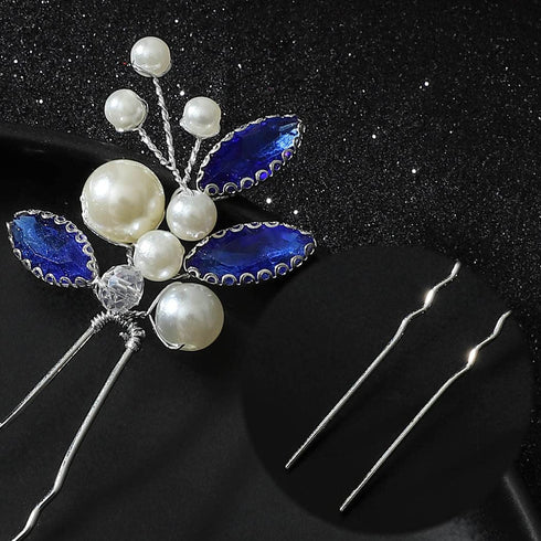 Latious Pack of 3 Bride Wedding Hair Pins, Pearl Bridal Hair Piece with Blue Crystal Hair Clips (Silver)