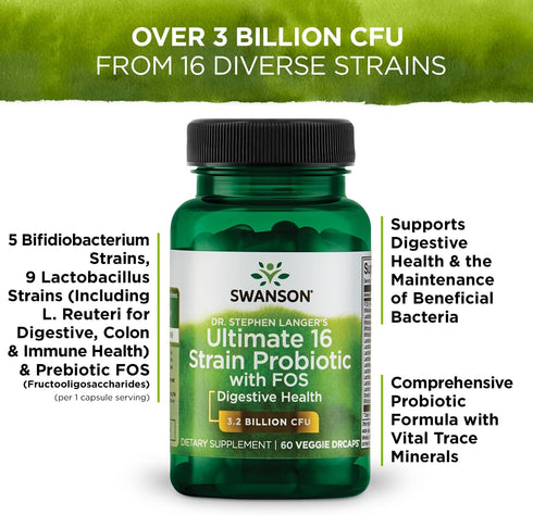 Swanson Dr. Stephen Langer's Formula, Natural Probiotic w/Prebiotic FOS, 60 Veggie Capsules, 16-Strain Digestive Support