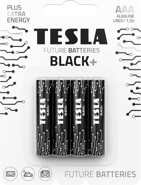 Tesla Black+ AAA Maximum Power Alkaline Batteries, 10-Year Shelf Life, Leak-Free, Long-Lasting Battery Life, 4 Count