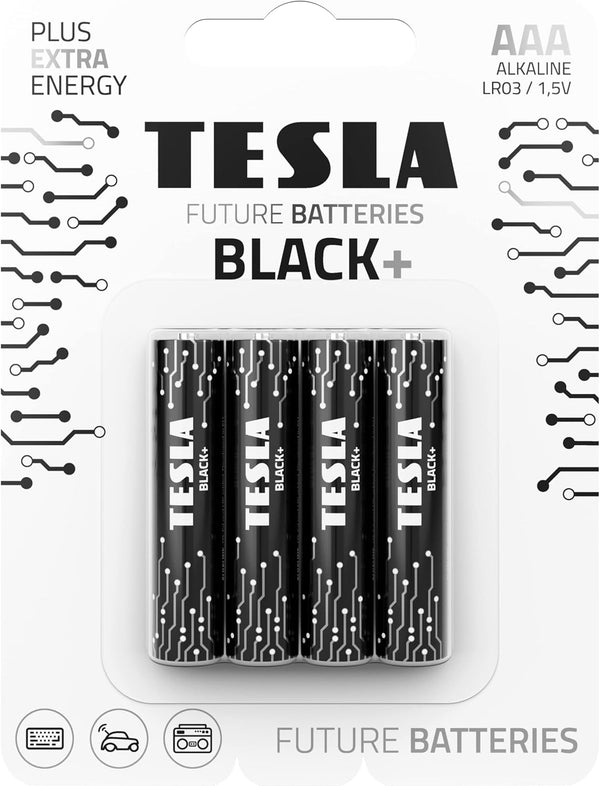 Tesla Black+ AAA Maximum Power Alkaline Batteries, 10-Year Shelf Life, Leak-Free, Long-Lasting Battery Life, 4 Count