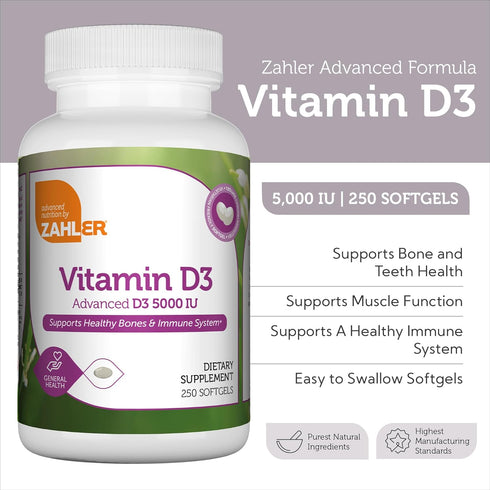 Zahler Advanced Vitamin D3 5000 IU Softgels (250 Count) - Kosher, Vegetarian, Immune Support Supplement
