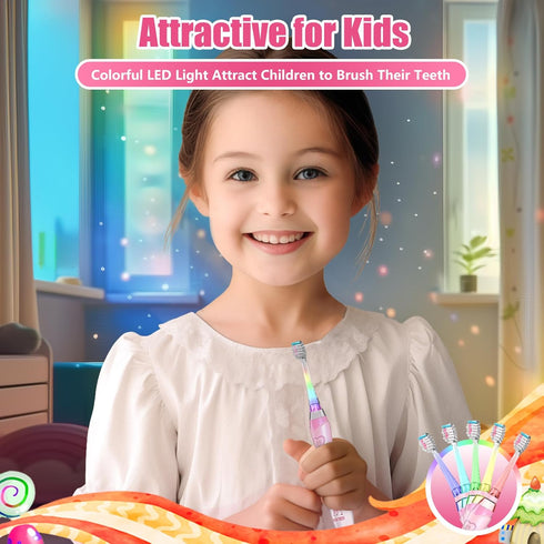 Kids Electric Toothbrush for Ages 2-12 - Pink Giraffe - with Timer and Rainbow LED Light Up