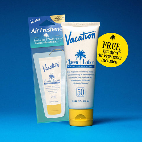 Vacation Classic Sunscreen Lotion SPF 50 + Air Freshener Bundle, Water Resistant Sun Block