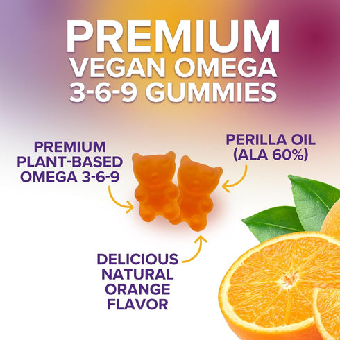 Omega 3 6 9 Vegan Gummies - Triple Strength Supplement for Heart and Brain Support, Non-GMO, Orange Flavor - 120 Gummies