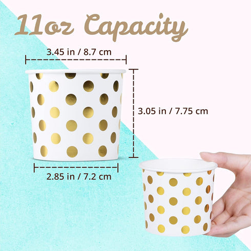 MATICAN 50-Count Paper Ice Cream Cups, 11-Oz Disposable Dessert Bowls for Hot or Cold Food, Gold Foil Polka Dots