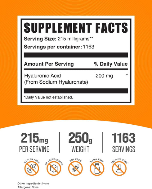 BulkSupplements.com Hyaluronic Acid Powder, 215mg per Serving, Gluten Free, 250g (8.8 oz)