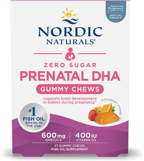 Nordic Naturals DHA Prenatal Vitamin Gummies, Zero Sugar, Strawberry Orange Flavor - 27 Gummies, 600 mg Omega-3, 400 IU