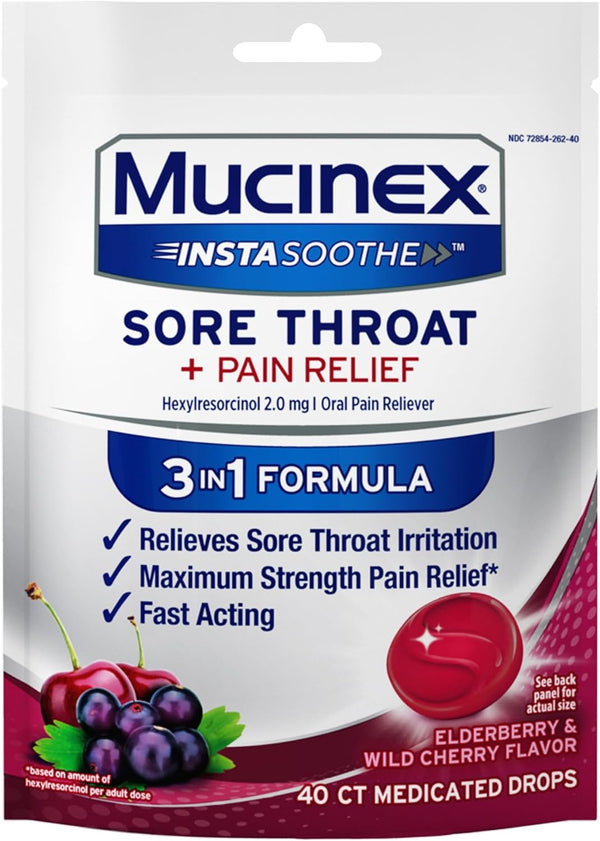 Mucinex Instasoothe Sore Throat Relief Lozenges with Hexylresorcinol, Cough Drops Alternative, 40 Elderberry & Wild