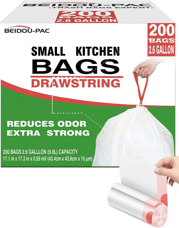 Trash Bags, 2.6 Gallon, 200 Count, Drawstring, Odorless, Extra Thick, White Plastic for Home Office Bathroom Kitchen