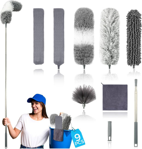 9Pcs Dusters for Cleaning Kit - Extendable Microfiber Duster Tools with 100" Long Pole for Home Use
