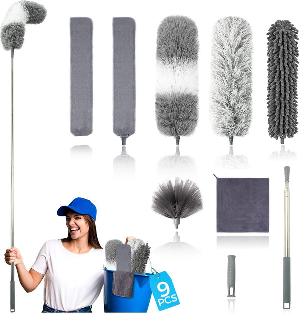 9Pcs Dusters for Cleaning Kit - Extendable Microfiber Duster Tools with 100" Long Pole for Home Use