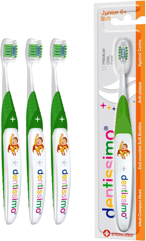 Premium Oral Care Kids Toothbrush - Soft Junior for Ages 6 and Up, Pack of 3, Colors May Vary