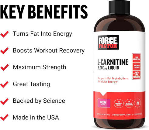 Force Factor L-Carnitine Supplement, Liquid 3000 mg, Berry Flavor, 16 Oz for Energy and Muscle Recovery