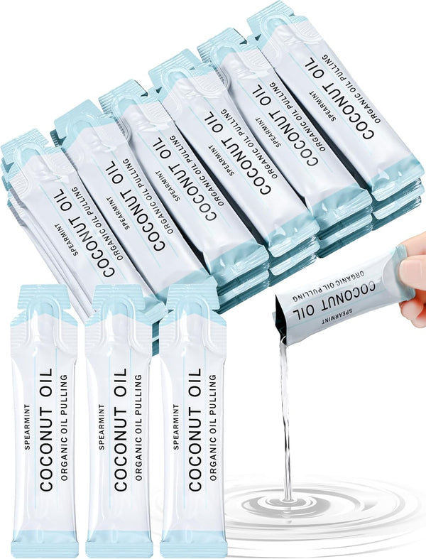 Loopeer 50 Pcs Organic Oil Pulling Travel Sachets, Coconut Peppermint Oil Pulling for Teeth Whitening and Healthy Teeth