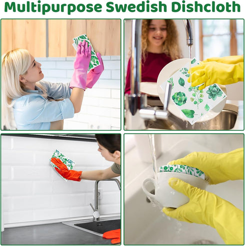 6 Pack Swedish Dishcloths for Kitchen - Green Leave Patterns, Reusable, No Odor, with Adhesive Clips