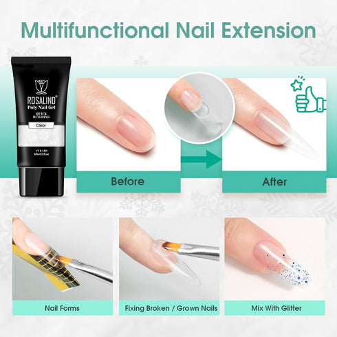 ROSALIND 2 oz Clear Poly Nail Gel, Professional Nail Extension Gel for Long Lasting DIY & Salon Nails, Quick Dry UV/LED