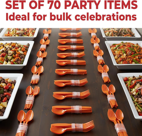 Sets 70, 210 Bulk Plastic Cutlery for Pieces, Spoons, Knives, Forks, Party and Wedding Supplies (Orange)