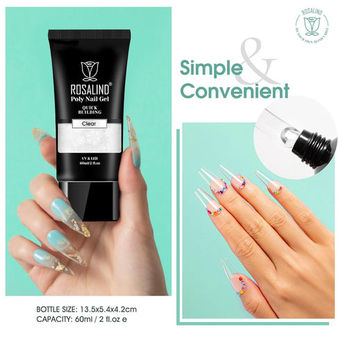 ROSALIND 2 oz Clear Poly Nail Gel, Professional Nail Extension Gel for Long Lasting DIY & Salon Nails, Quick Dry UV/LED
