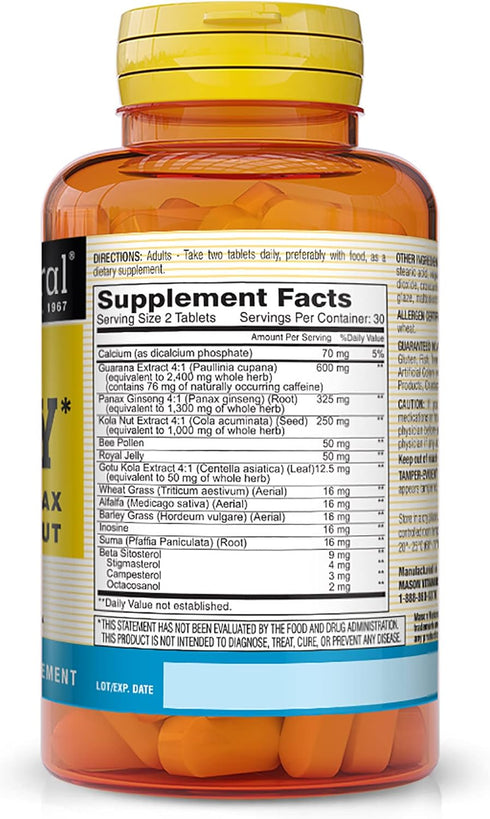MASON NATURAL Super Energy with Guarana, Panax Ginseng & Kola Nut - Herbal Complex Formula to Support Optimal Performance & Energy*, 60 Tablets