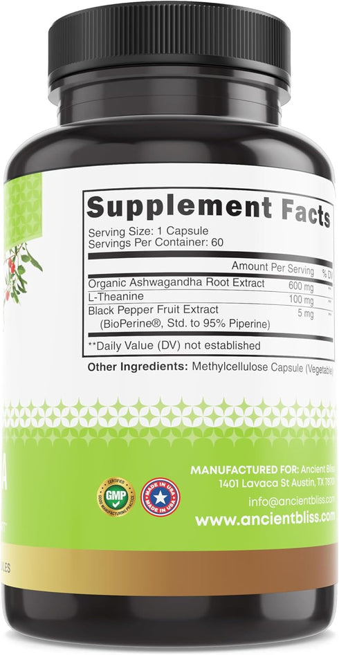 Ancient Bliss Ashwagandha Capsules with L-Theanine & Black Pepper Extract, Energy & Mood Support Supplement for Adults