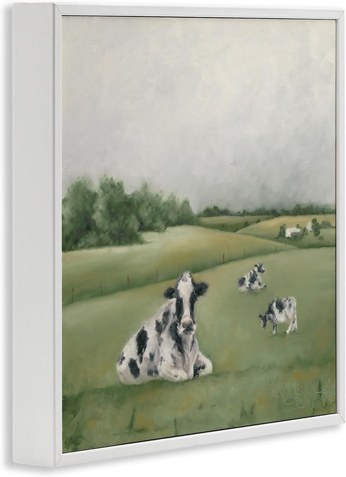 Stupell Industries Dairy Cows Grazing in Rolling Green Field Farms, Designed by Hollihocks White Framed Wall Art